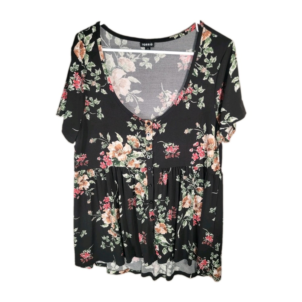 Torrid 1 1X Babydoll Tunic Top Black Floral Henley Short Sleeve Stretch Empire
